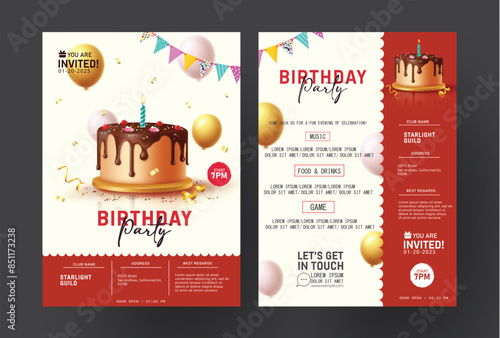 Birthday invitation card vector template design. Birthday party invitation flyers with cake and balloons decoration elements for event, occasion and anniversary front and back lay out template. Vector