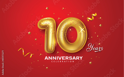 10th year anniversary vector design. Anniversary ten years celebration greeting with 10 gold metallic balloons and shiny confetti elements decoration in red background. Vector illustration anniversary