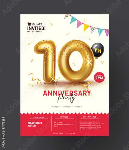 Anniversary 10th invitation card vector template. 10th anniversary party celebration with number ten metallic gold balloons for invitation card template. Vector illustration anniversary card design.

