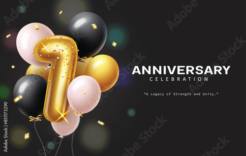 Anniversary 1st year vector template design. 1st year anniversary celebration with one gold metallic balloon and bunch of glossy balloons floating elements for elegant invitation card design. Vector 