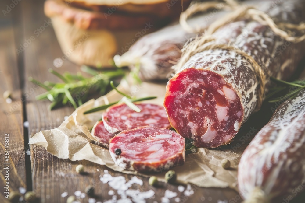 Delicious italian salami on the table, selective focus and toned image - generative ai Delicious italian salami on the table, selective focus and toned image - generative ai