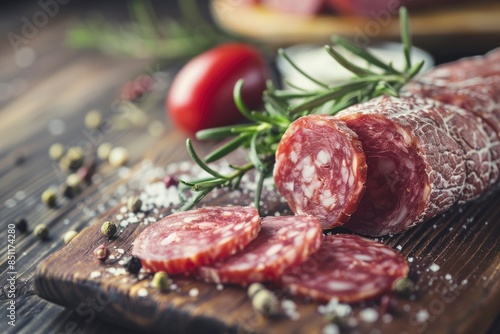 Delicious italian salami on the table, selective focus and toned image - generative ai