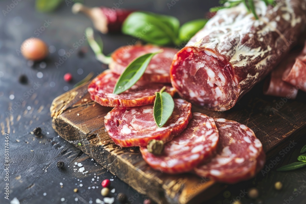 Delicious italian salami on the table, selective focus and toned image - generative ai Delicious italian salami on the table, selective focus and toned image - generative ai