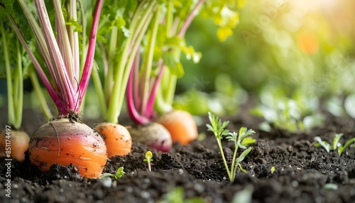 Closeup of Carrots and Beets Growing Out of the Ground photo