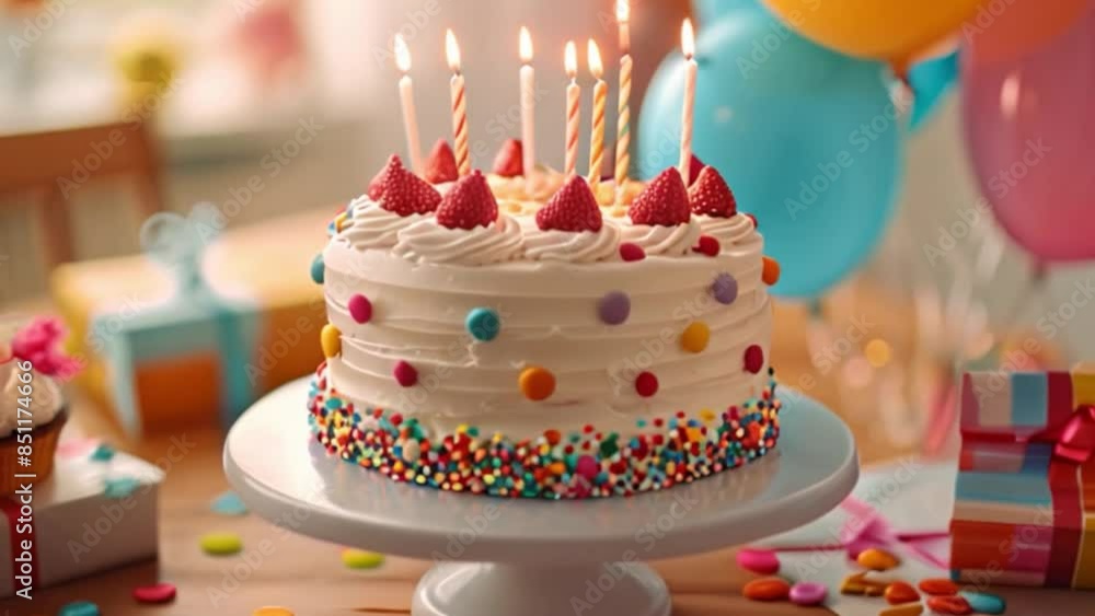This close-up of a birthday cake with candles on a table with balloons and gifts in the background. This close-up of a birthday cake with candles on a table with balloons and gifts in the background.