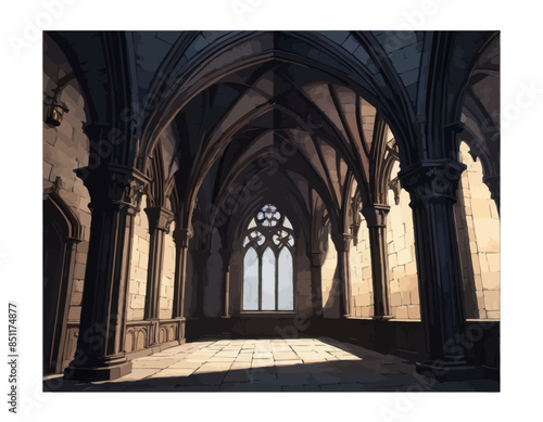 Gothic Cathedral Nave: Ornate Stone Arches and Vaulted Ceiling with Stained Glass Window