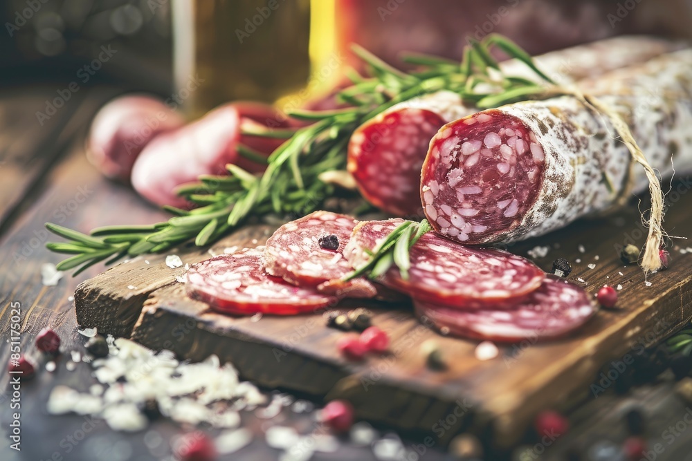 Delicious italian salami on the table, selective focus and toned image - generative ai Delicious italian salami on the table, selective focus and toned image - generative ai