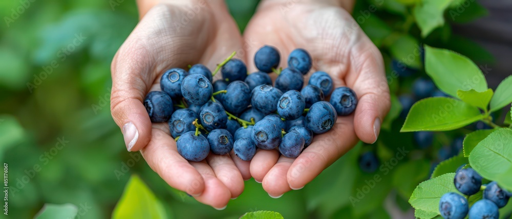 Fresh blueberries in a hand, capturing the essence of natural, organic fruit. Ideal for themes of summer, health, and wholesome eating Fresh blueberries in a hand, capturing the essence of natural, organic fruit. Ideal for themes of summer, health, and wholesome eating