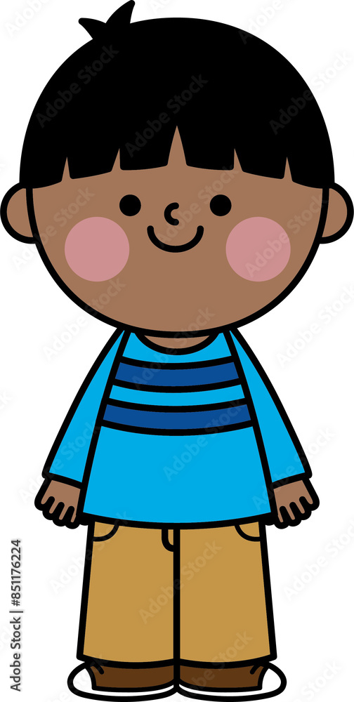 Cute black-haired boy wearing a blue sweater and brown pants was standing and smiling happily. Cute black-haired boy wearing a blue sweater and brown pants was standing and smiling happily.