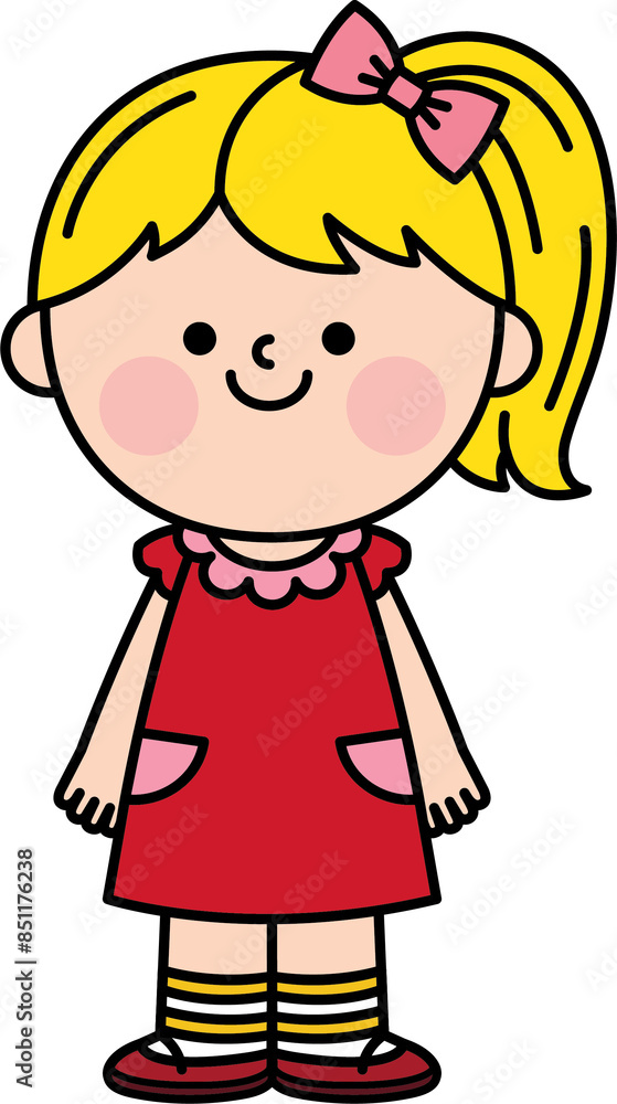 A cute young girl with her hair in a ponytail wearing a red dress is standing and smiling happily A cute young girl with her hair in a ponytail wearing a red dress is standing and smiling happily