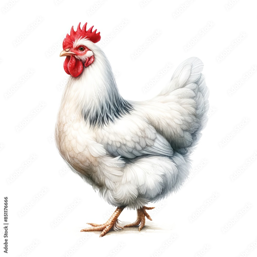 Fototapeta premium A Leghorn hen walking. watercolor illustration style.