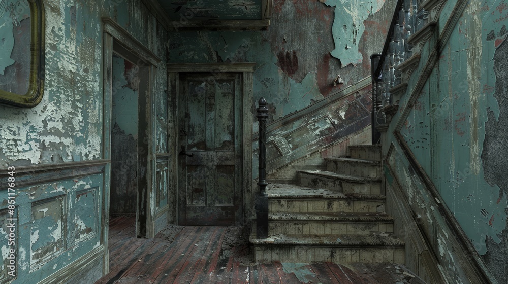 A decaying staircase leads up to an unknown destination in a dilapidated building. The peeling paint and dust-covered floors create a sense of eerie abandonment. A decaying staircase leads up to an unknown destination in a dilapidated building. The peeling paint and dust-covered floors create a sense of eerie abandonment.