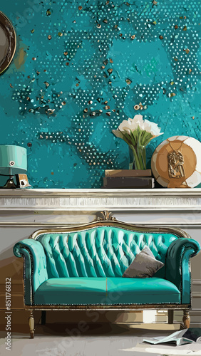 Beautiful room in turquoise blue, AI generating