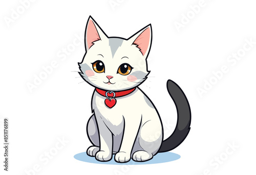 Adorable White Cat with Red Collar and Heart-Shaped Tag