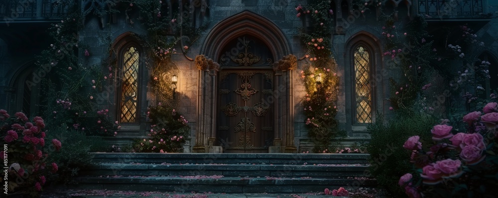 Fototapeta premium A gothic style house with lit lanterns at the entrance.