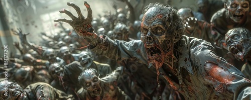 A horde of decaying zombies with outstretched arms.