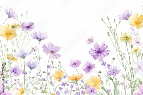 Beautiful watercolor floral background with delicate purple and yellow flowers on a white backdrop, perfect for spring-themed designs and decor.