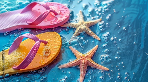 A pair of colorful flip-flops and starfish on a blue background with water droplets. Summer vacation concept.