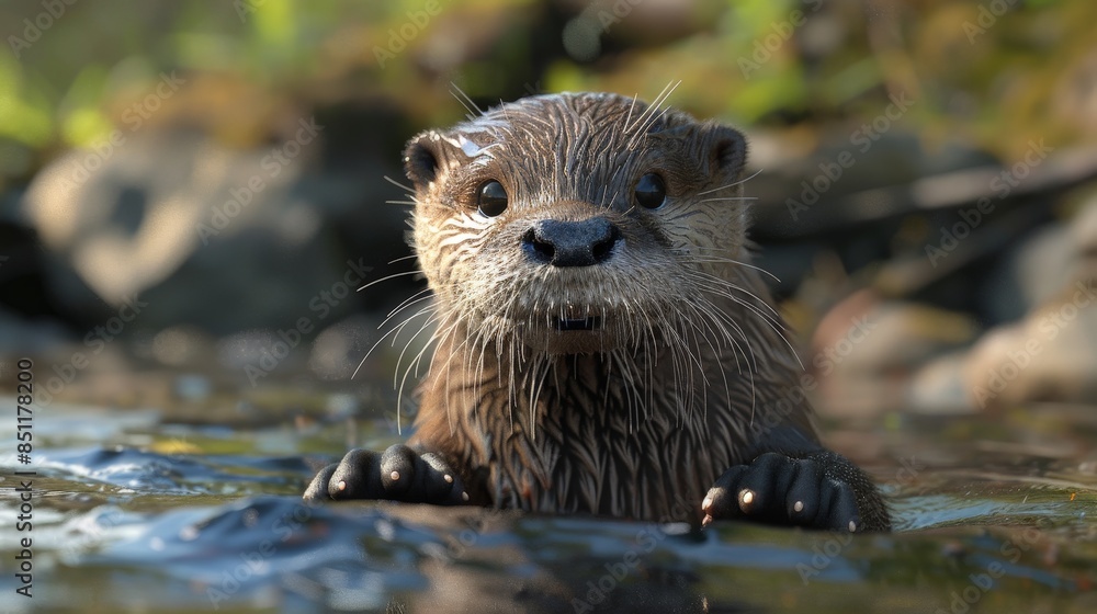 A wet otter with a curious expression looks directly at the camera. Its fur is glistening in the sunlight. A wet otter with a curious expression looks directly at the camera. Its fur is glistening in the sunlight.