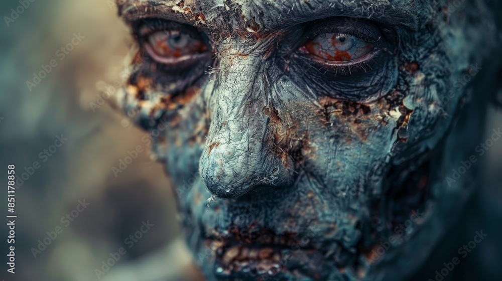 Close-up of a zombie's face, showing decayed skin, bloodshot eyes, and a sinister expression. Perfect for horror or Halloween themes. Close-up of a zombie's face, showing decayed skin, bloodshot eyes, and a sinister expression. Perfect for horror or Halloween themes.