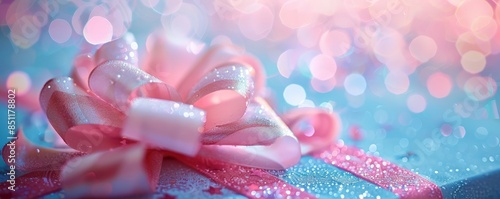 Close-up of a pink bow on a sparkly blue background.