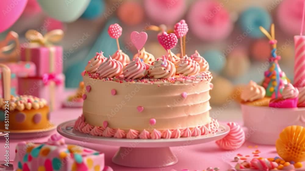 This delicious-looking pink birthday cake with heart toppers and sprinkles. This delicious-looking pink birthday cake with heart toppers and sprinkles.