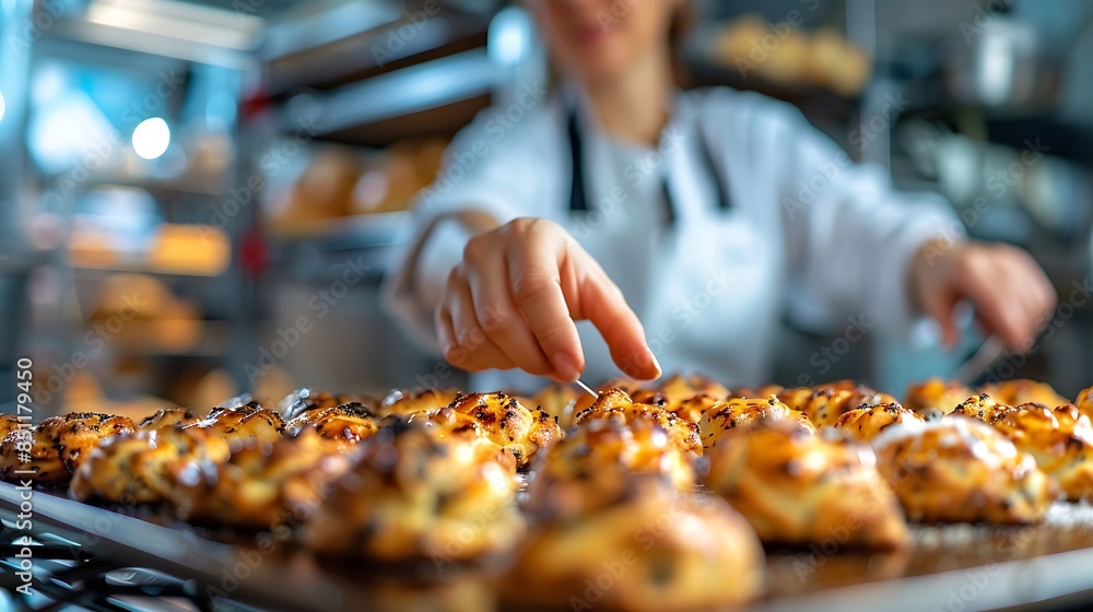 Chef Placing Freshly Baked Buns on Cooling Rack in Busy Pastry Kitchen Chef Placing Freshly Baked Buns on Cooling Rack in Busy Pastry Kitchen