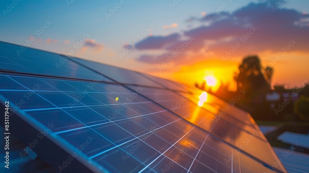 Fototapeta premium Close-up of solar panels reflecting the setting sun, symbolizing clean energy and sustainability.