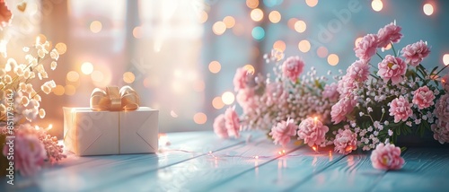 Pink flowers and a gift box on a table with a blurred background. photo