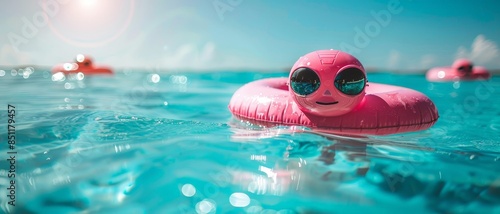 Pink inflatable alien head floating in blue water. photo