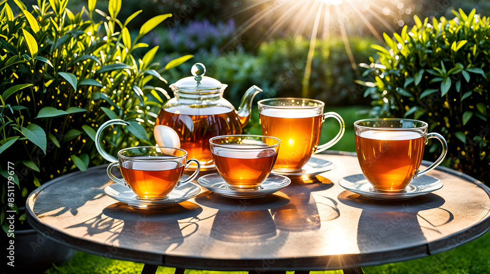 Product photography, the whole scene is shrouded in soft dusk sunshine. In the middle of the garden is a glass of tea,symmetrical the composition,closeup view Product photography, the whole scene is shrouded in soft dusk sunshine. In the middle of the garden is a glass of tea,symmetrical the composition,closeup view
