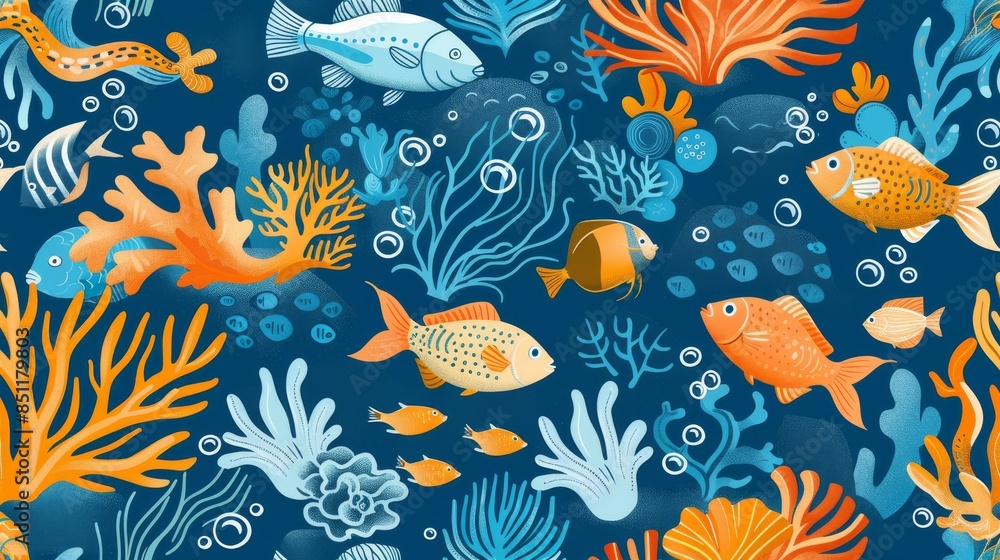Obraz premium Flat illustration of marine life, including fish and coral, in a seamless pattern for an underwater theme.