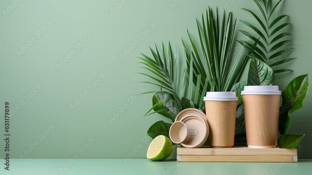 Sustainable coffee cups and wooden bowls with tropical leaves on a green background.