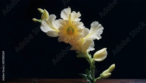 Snapdragon flower on a dark wooden surface against a black background