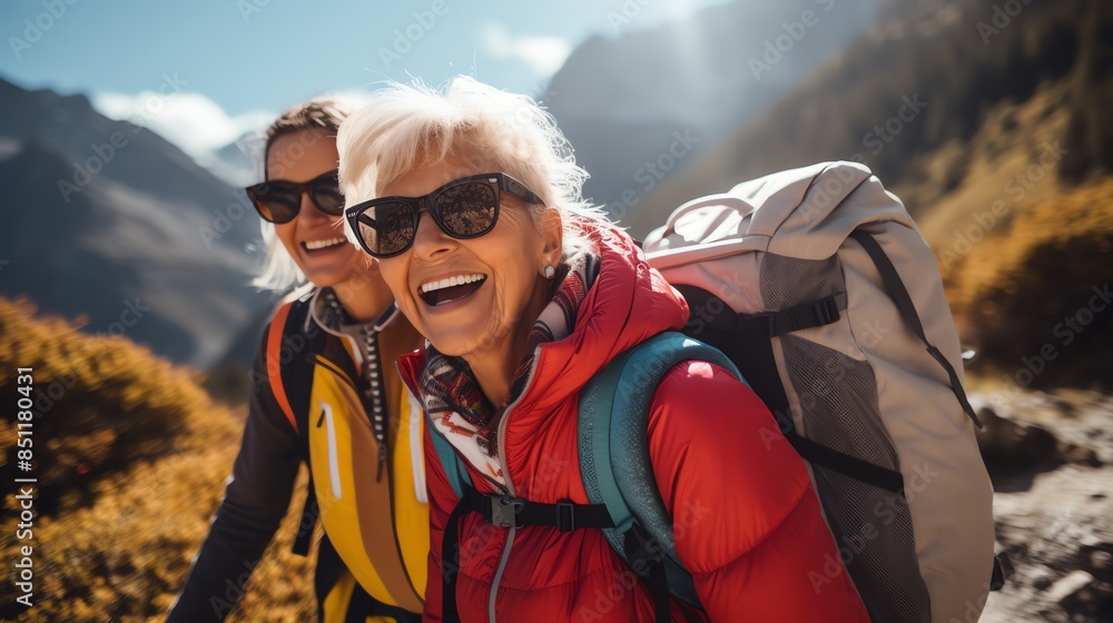 Naklejka premium Senior women hiking in the mountains, smiling and enjoying a sunny day adventure, backpacks and trekking gear, detailed realism