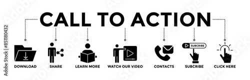 Call to action banner icons set. Vector graphic glyph style with icon of download, share, learn more, watch our video, contact us, subscribe, and click here	