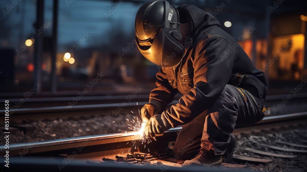 Engineer overseeing welding on railway tracks, prioritizing safety protocols, detailed and realistic scene Engineer overseeing welding on railway tracks, prioritizing safety protocols, detailed and realistic scene