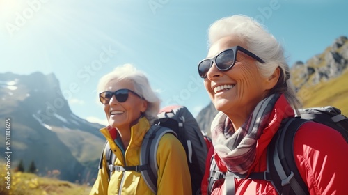 Happy elderly women on a mountain hike, enjoying the outdoors, sunny day, backpacks and trekking gear, detailed and realistic scene © BURIN93