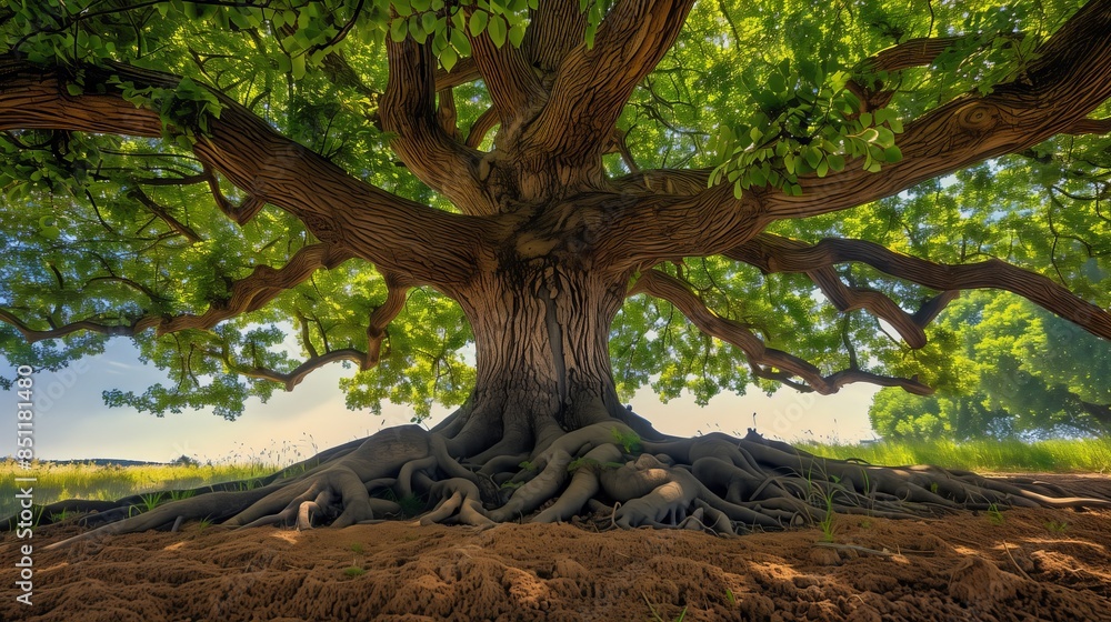 Obraz premium A towering oak stands in an open field, its deep roots anchoring it as wide branches symbolize strength.