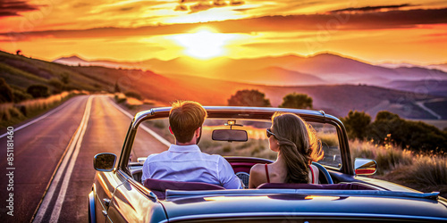 Couple driving convertible at sunset photo