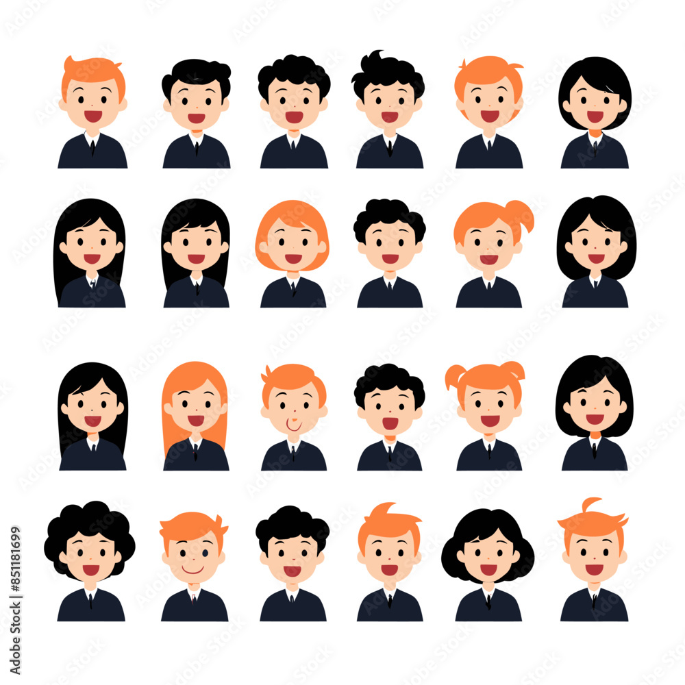 A Collection of Stylized Character Portraits with Smiling Faces and Varied Hair Colors and Styles A Collection of Stylized Character Portraits with Smiling Faces and Varied Hair Colors and Styles