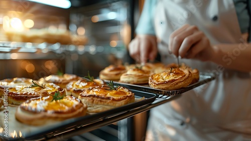 Baker Preparing Freshly Baked Pastries in a Warmly Lit Kitchen photo