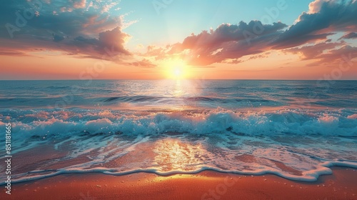 Sunset over a tranquil ocean, waves gently lapping the shore photo
