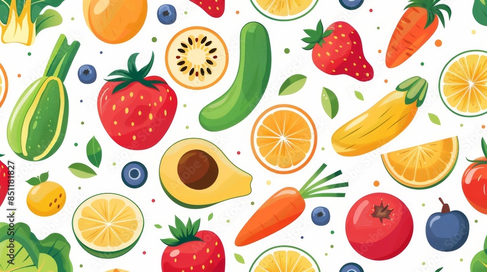 Seamless pattern of flat fruit and vegetable icons, creating a fresh and healthy background. Seamless pattern of flat fruit and vegetable icons, creating a fresh and healthy background.