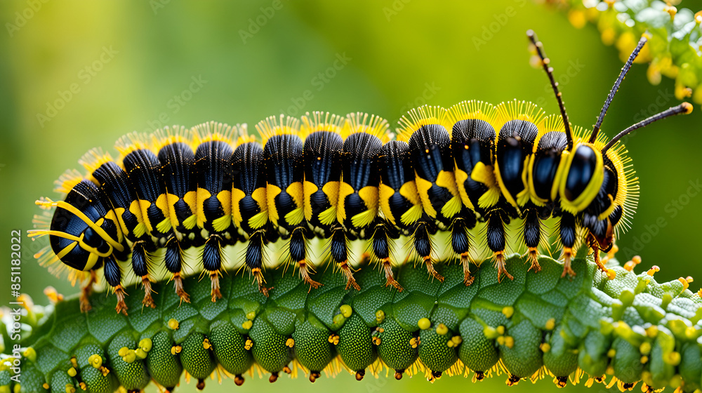 A macro photo of various colored caterpillars, butterfly larvae crawling over plants
A macro photo of various colored caterpillars, butterfly larvae crawling over plants
