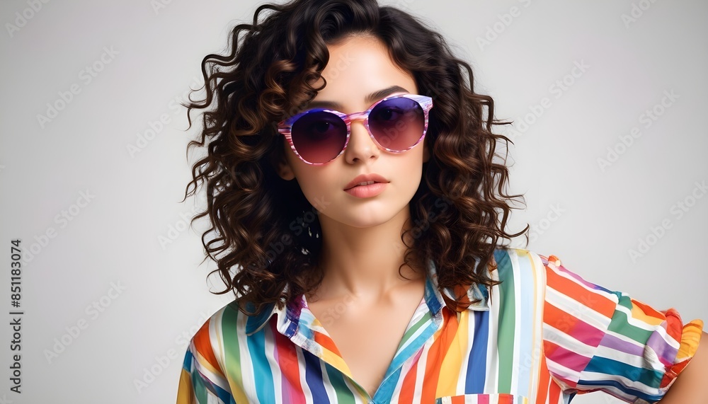 The girl expressed wow with curly dark hair, wearing a colorful striped shirt and sunglasses, posing against a white background, The girl expressed wow with curly dark hair, wearing a colorful striped shirt and sunglasses, posing against a white background,