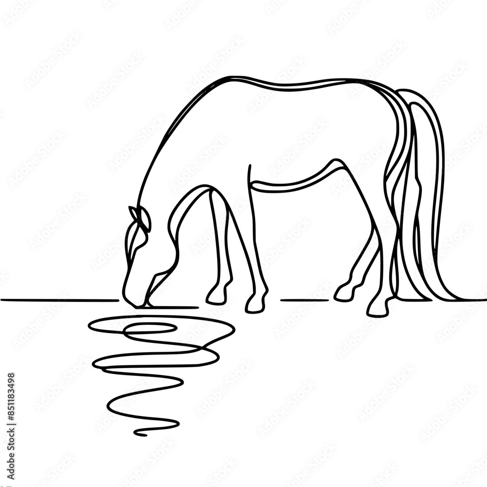 Obraz premium one horse drinks water at a watering hole, simple black vector lines on a white background.