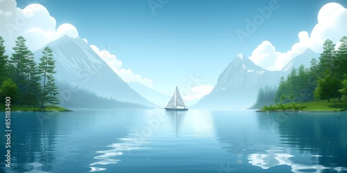 Tranquil Mountain Lake Scene with Sailboat and Reflection - Stunning Nature Landscape with Mountains, Clouds, and Clear Blue Water