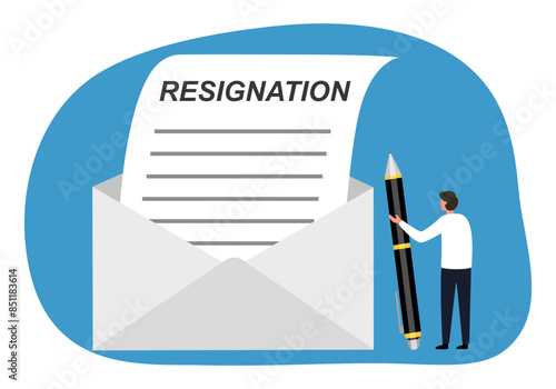Man write resignation letter to quit job. Businessman with pen writing resignation email.