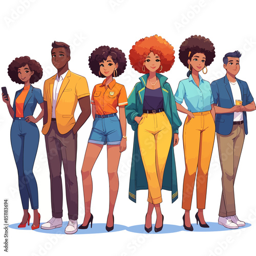 Stylized Illustration of Five Diverse Individuals in Casual Attire, Each with a Unique Hairstyle and Accessory, Standing Side by Side with Smiles